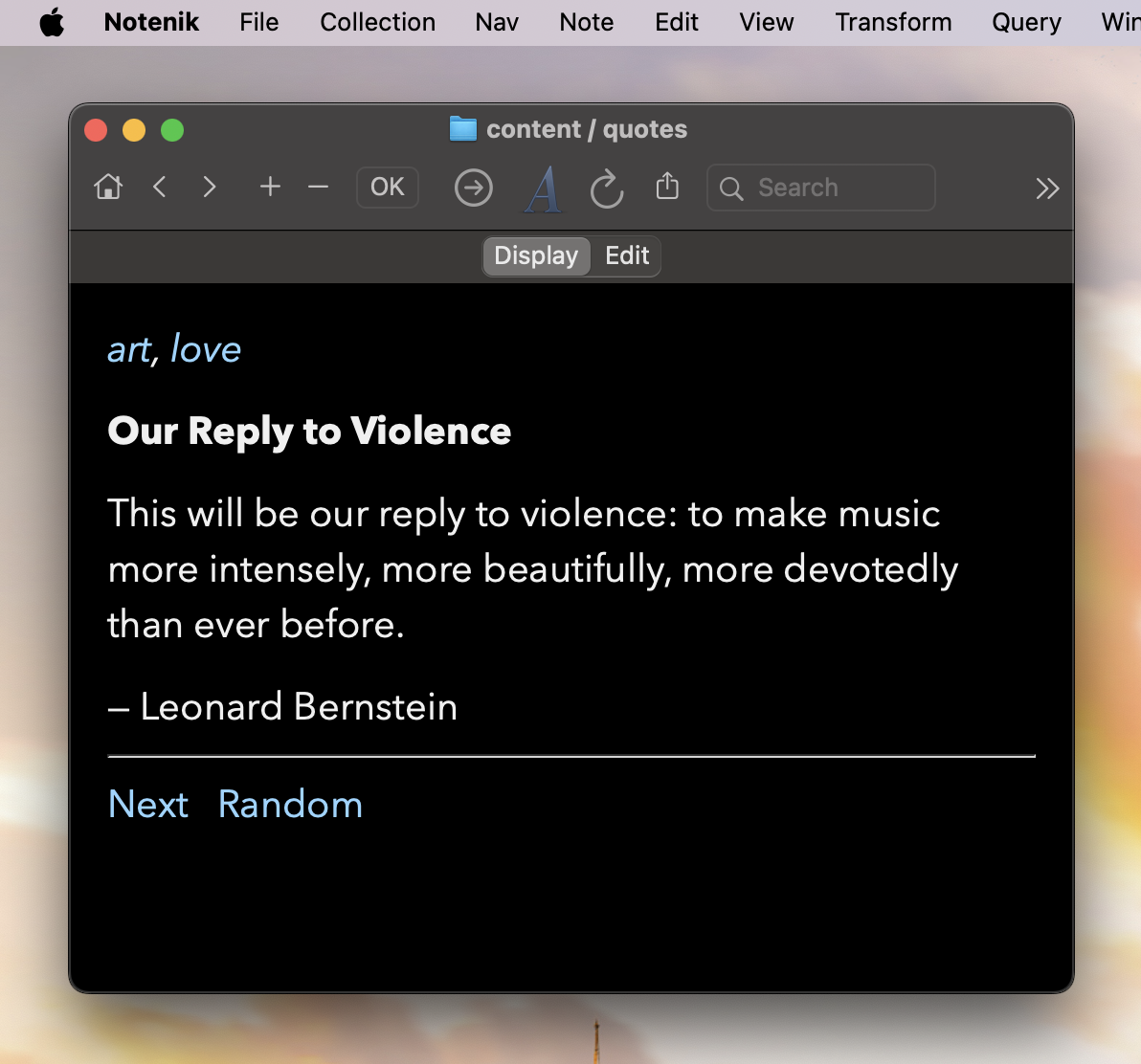 A Leonard Bernstein quote shown in a Notenik window